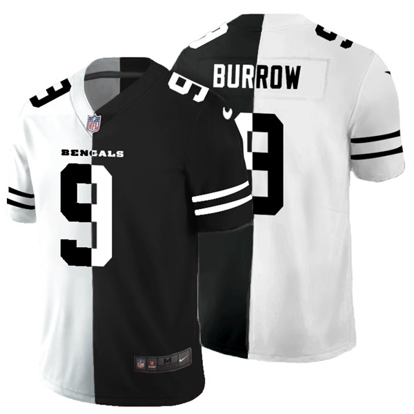 Men's Cincinnati Bengals #9 Joe Burrow Black & White NFL Split Limited Stitched Jersey Men's Cincinnati Bengals #9 Joe Burrow Black & White NFL Split Limited Stitched Jersey